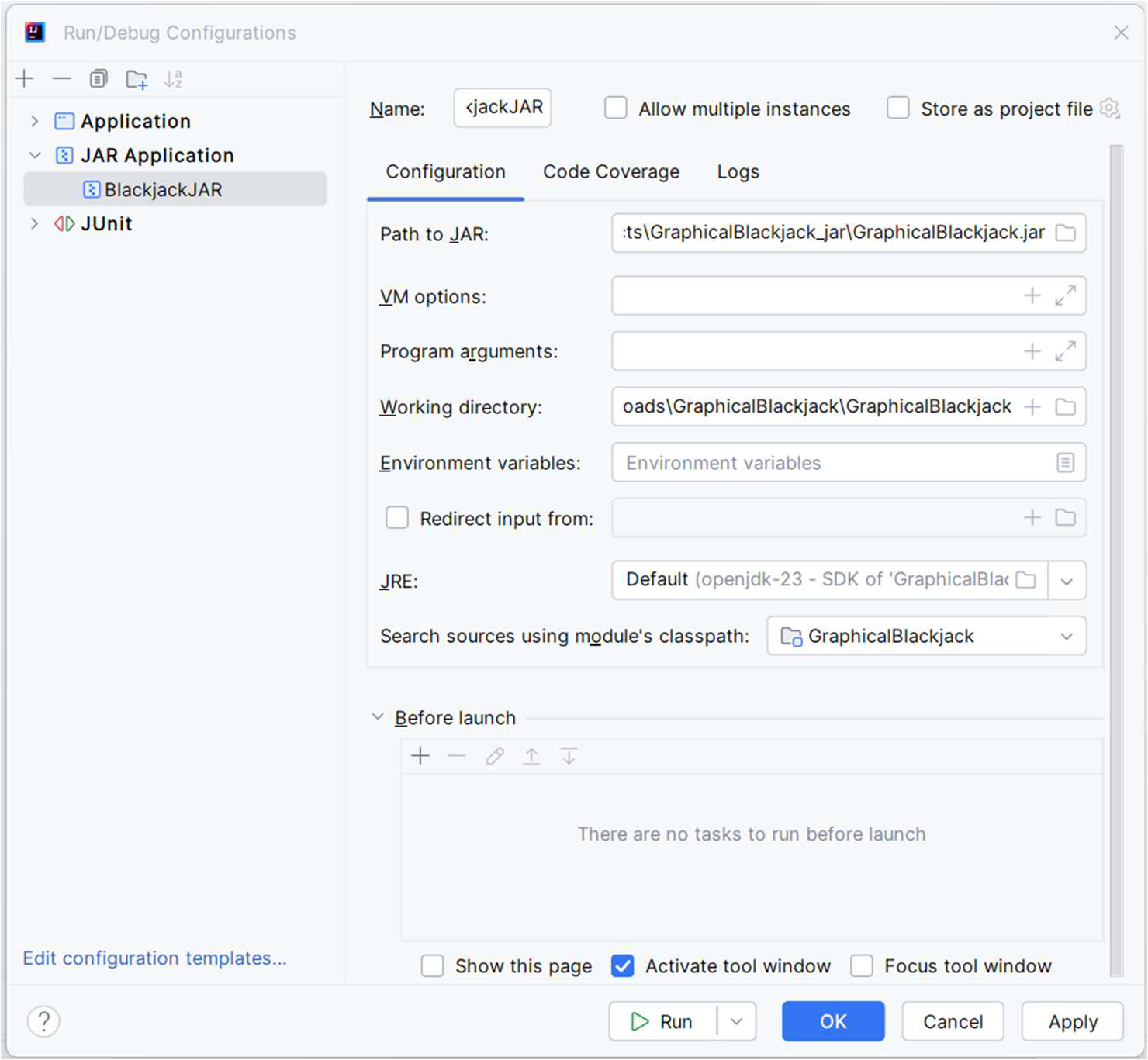 Screenshot of IntelliJ configuration for adding a new run configuration to execute a JAR file