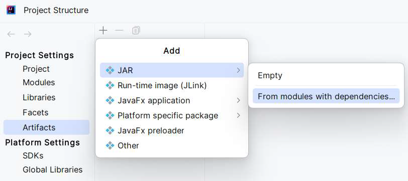 Screenshot of IntelliJ creation of a jar artifact