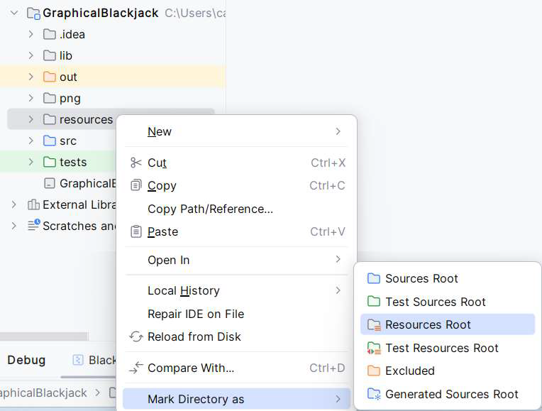 Screenshot showing marking of a resources root folder